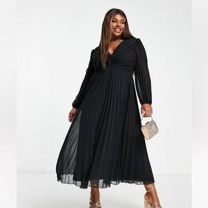 ASOS DESIGN Curve pleated bodice plunge neck midi dress in black - size 18